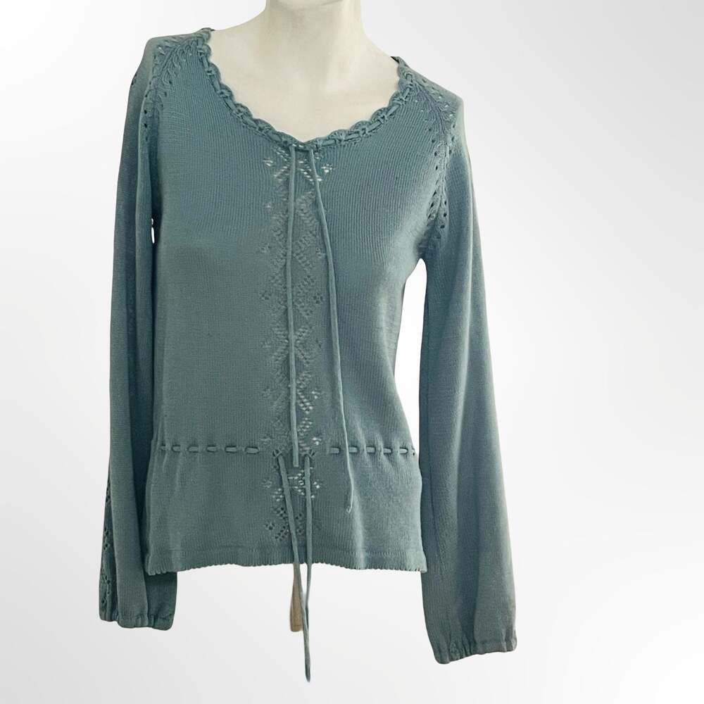 Vintage Beewear Boho Sage Green Pointelle Knit Tie-Front Peplum Top - Picture 2 of 8